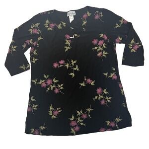 CAROLYN STRAUSS  SLINKY BLACK PINK FLORAL PRINT SHIRT BLOUSE- See Measurements